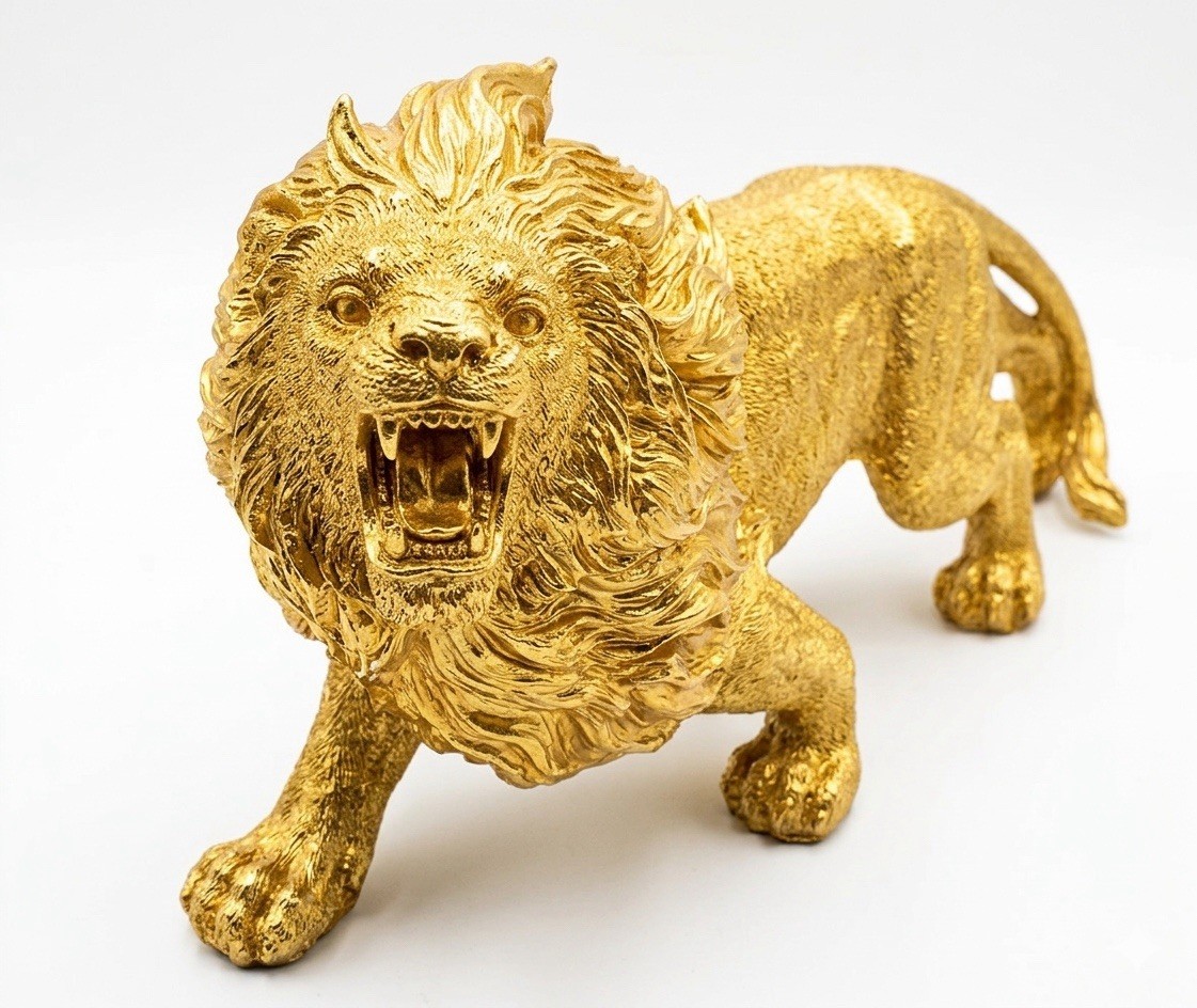 Large Vibrant Gold Roaring Lion Statue Figurine 13″ Long Hollywood Regency Decor