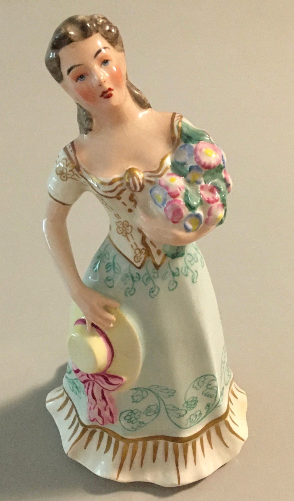 1950s Biedermeier Victorian style figurine lady hat flowers European? Austria?