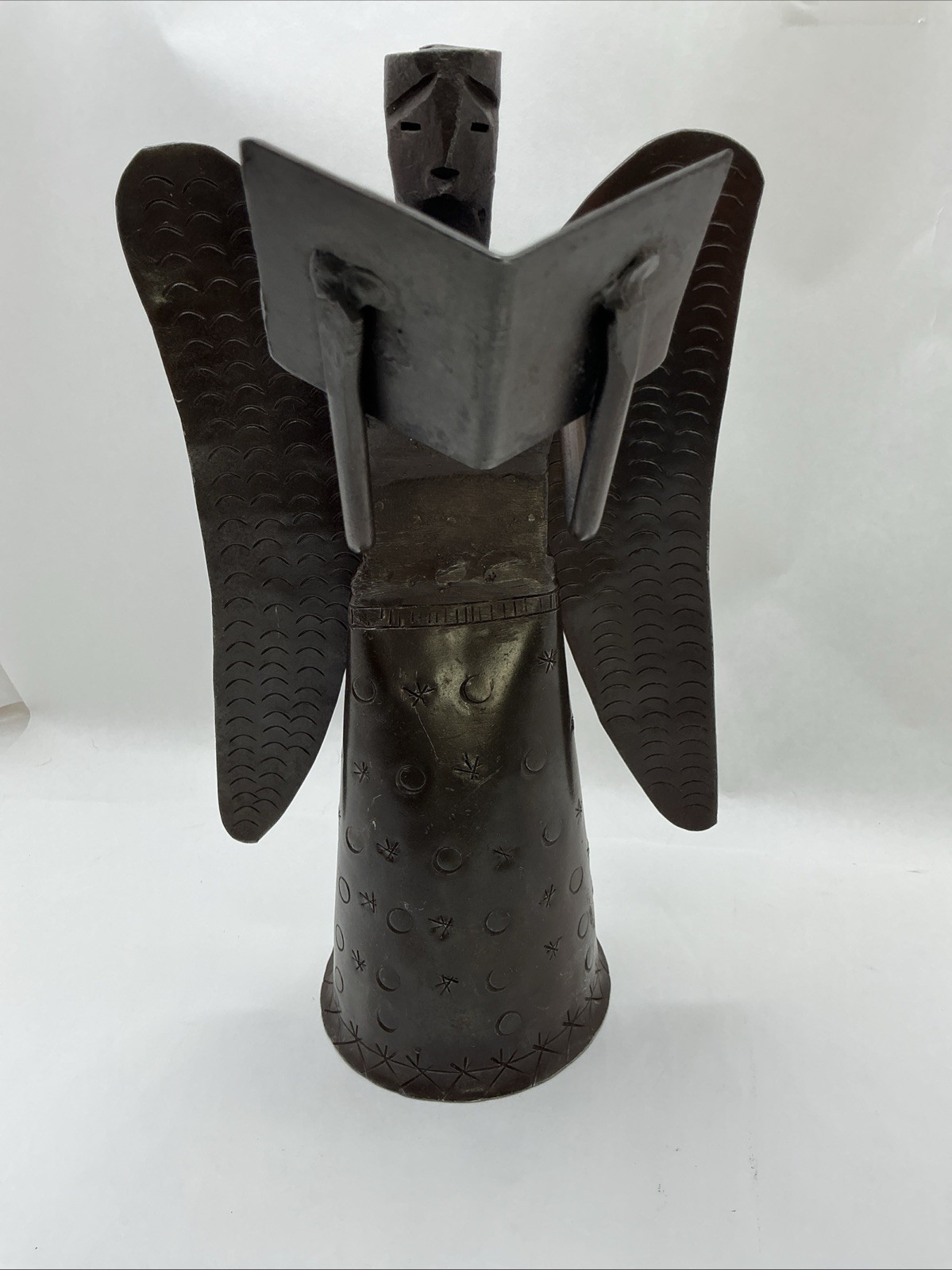 11” Heavy Metal Brutalist Detailed Folk Art Angel With Song Book & Candle Holder