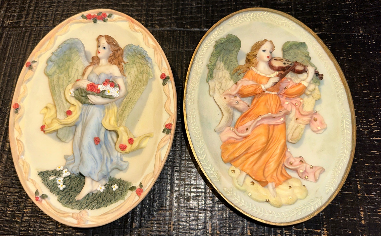 Set Of 2 3D Angel Figure Sculpture Oval Wall Hang