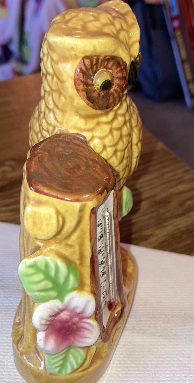 Vintage Ceramic Owl on Branch figurine Thermometer initials “KOS” 5″x3-1/2″x2″