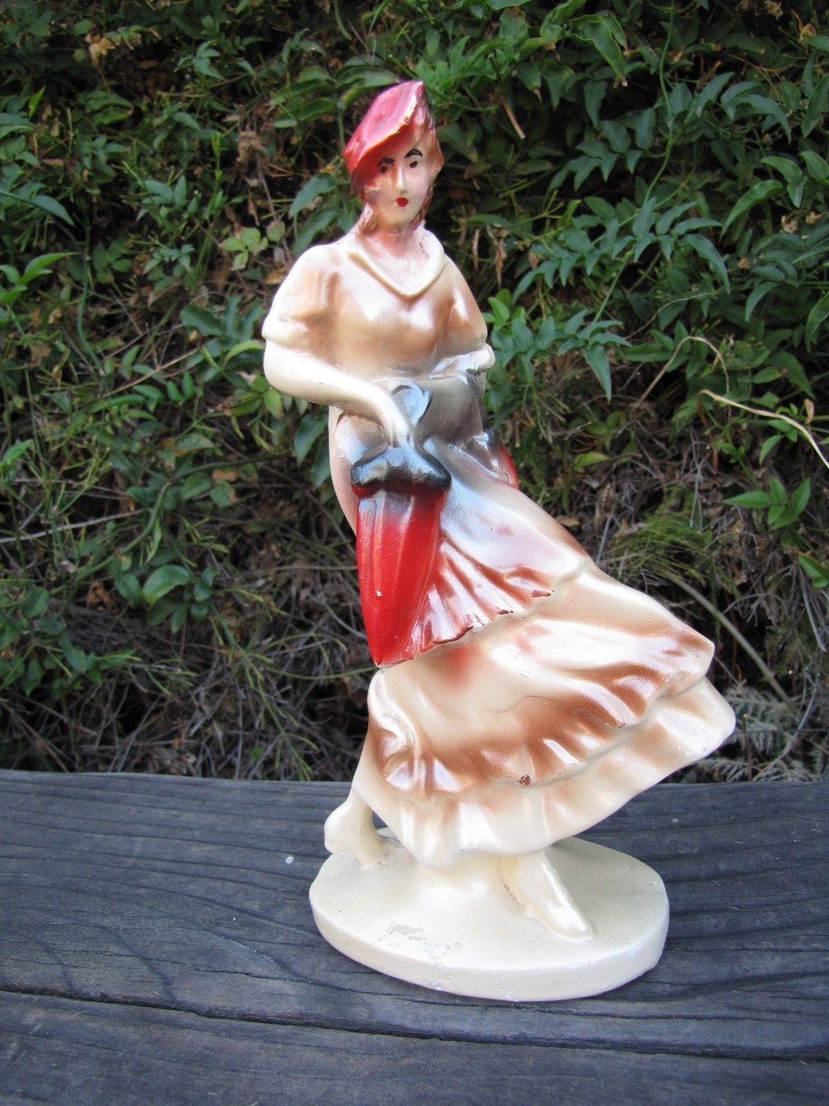 Vtg 1940s Art Deco Lady Walking with Umbrella 9″ Chalkware Plaster Figure