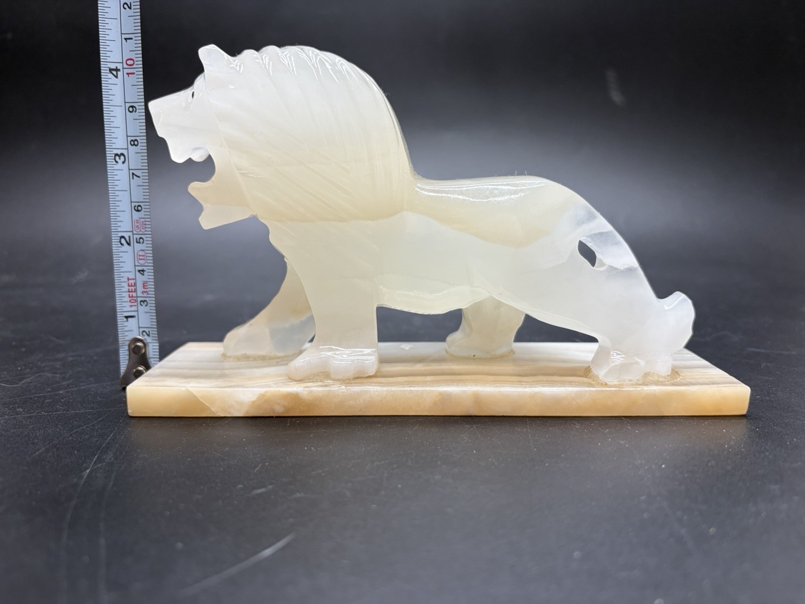 Vintage Hand Carved Art Deco Style Onyx Stone Lion On Onyx Base Sculpture