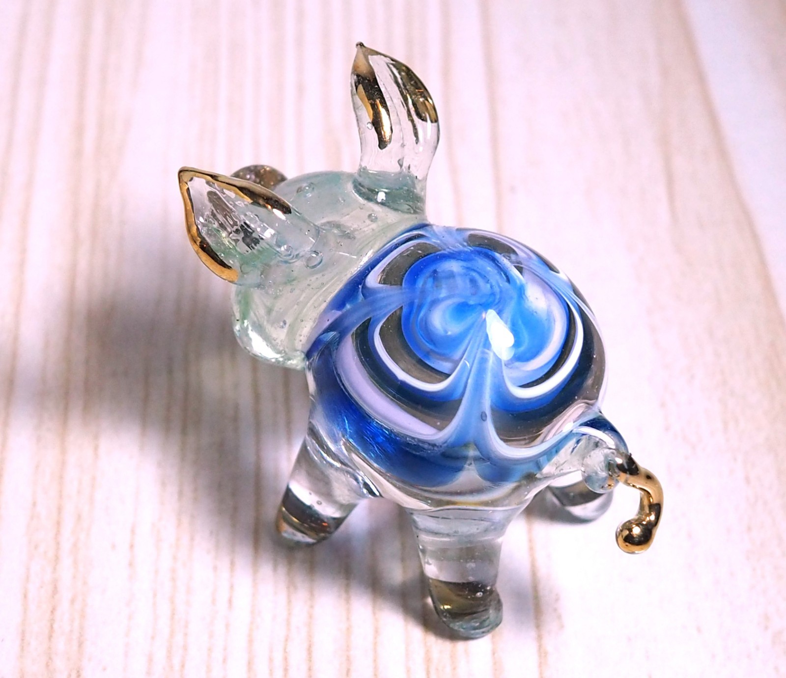 blue green cute PIG figurine hand blown Art Glass gold trim 1.75 in GIFT decor