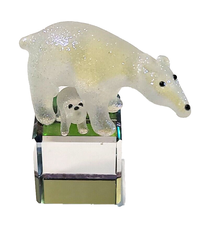 Hand Blown Glass Polar Bear Mamma Baby Figurine Vintage Frosted 2.5 Inch