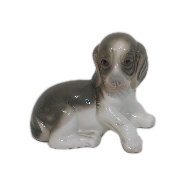 Porcelain Brownish-Grey & White HOUND DOG Puppy Lladro Style Figurine VGC