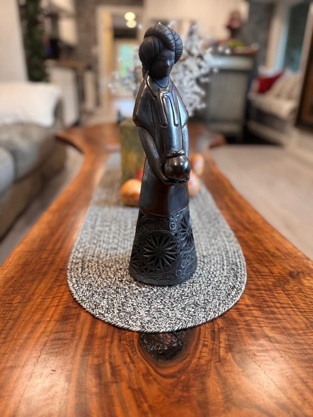 Young Woman Holding a Pot Black Clay Home Decor, Stunning Barro Negro Figurine