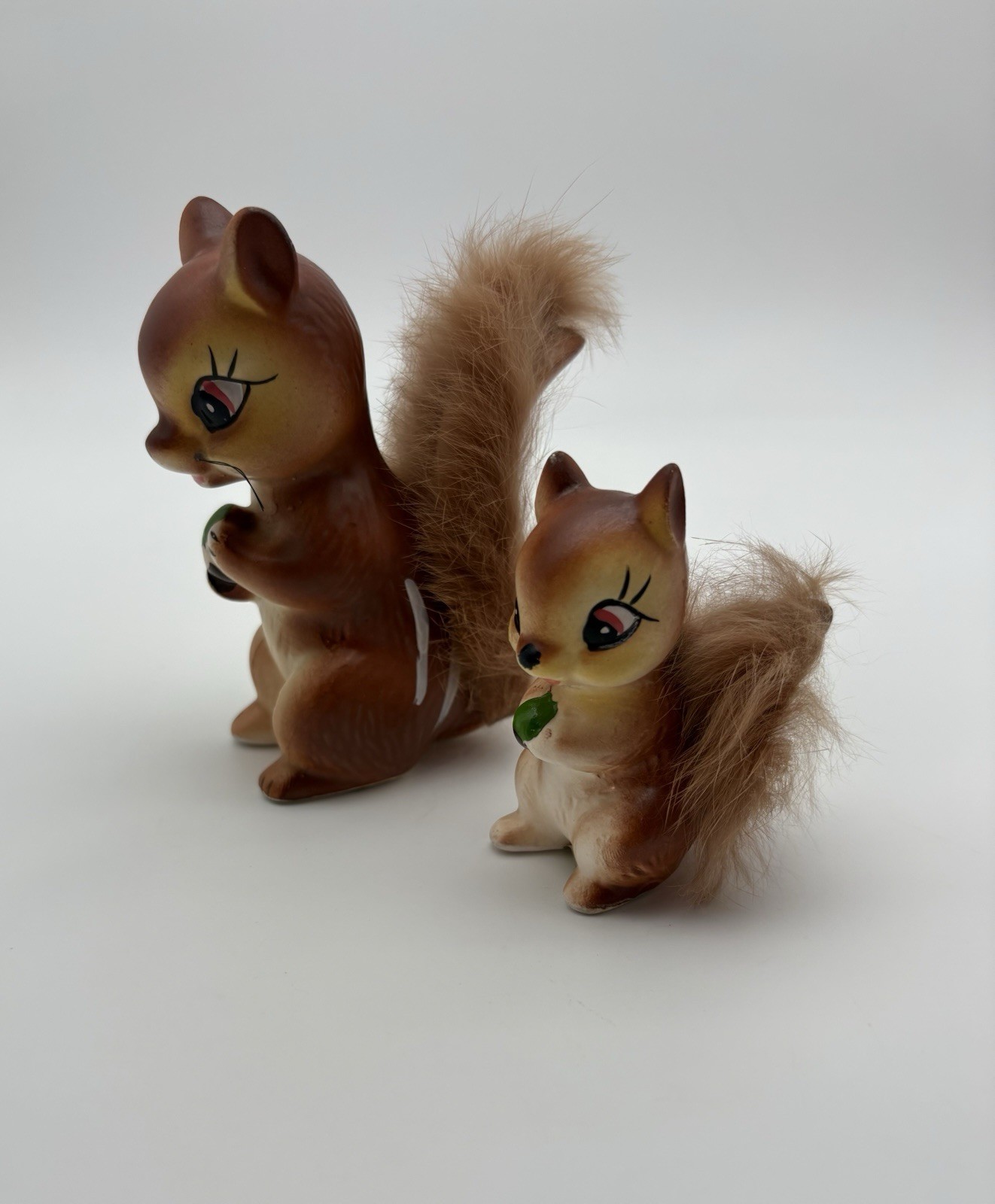 2 Vintage MCM Ceramic Squirrel Chipmunk Figurines Fur Tails 50s Baby Kitschy