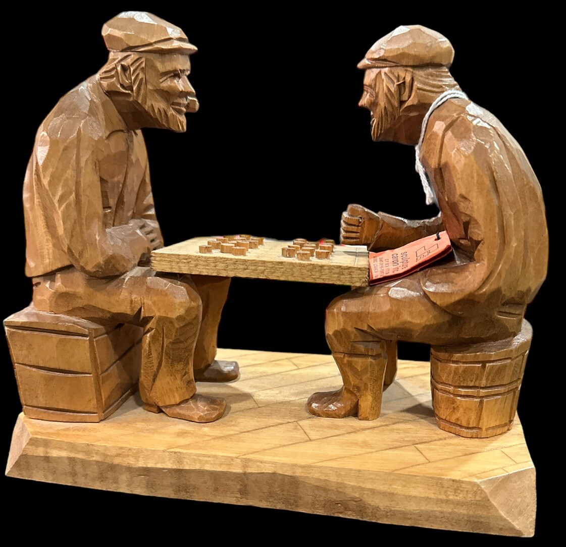 vintage Sculpture Wood Checkers Game Folk Art Canadian Artwork Caron Carving