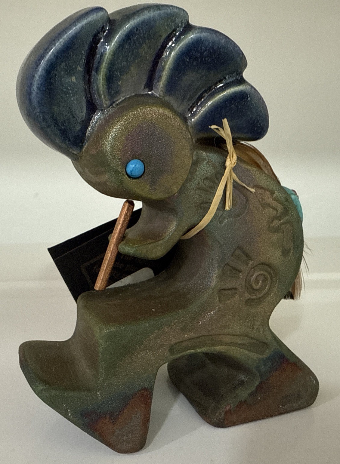 Kokopelli Ceramic Figurine with Blue Headdress and Flute By Jeremy Diller