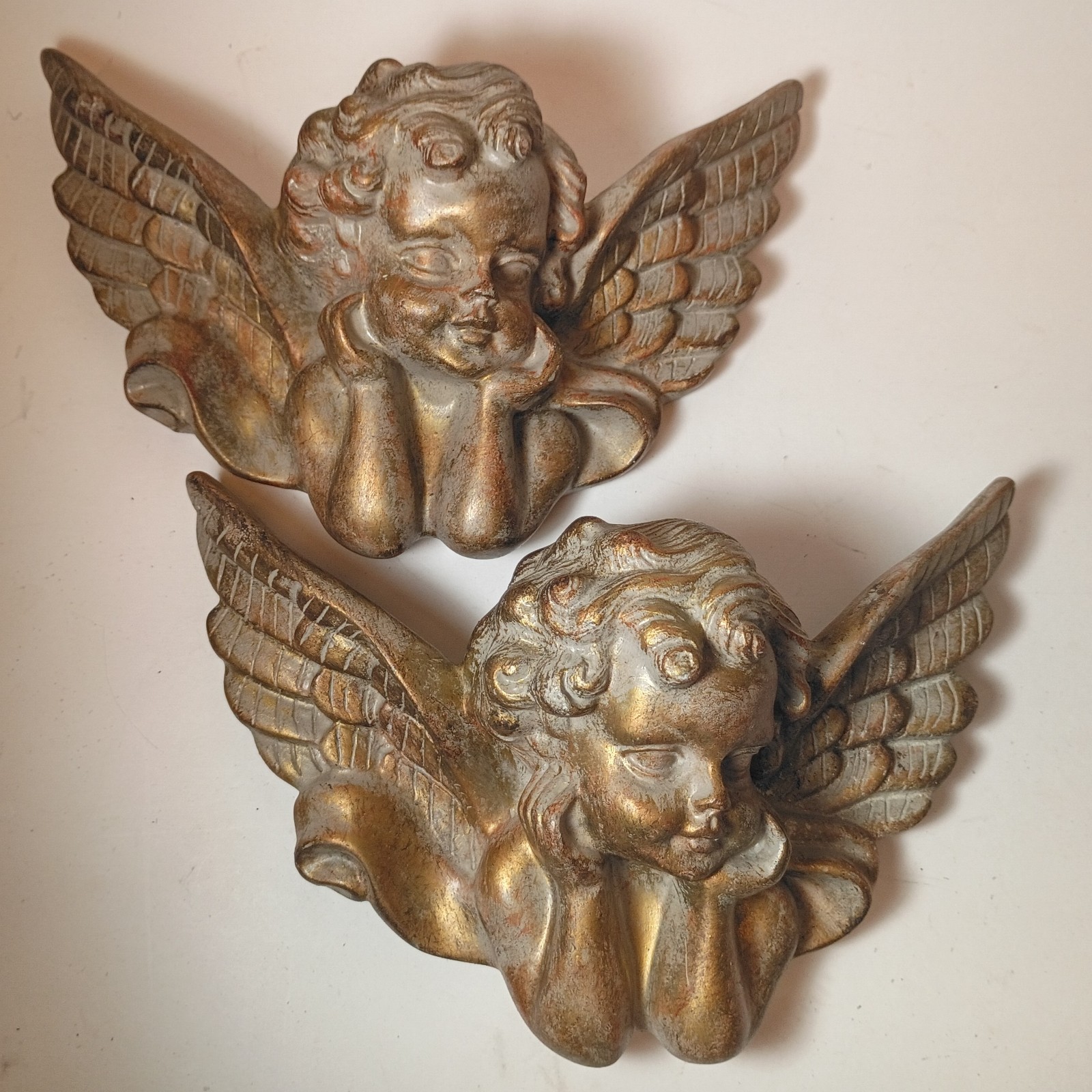 Vintage Gold Taupe Cherub Angel Head and Wings Wall Hanging Figurines Set of 2
