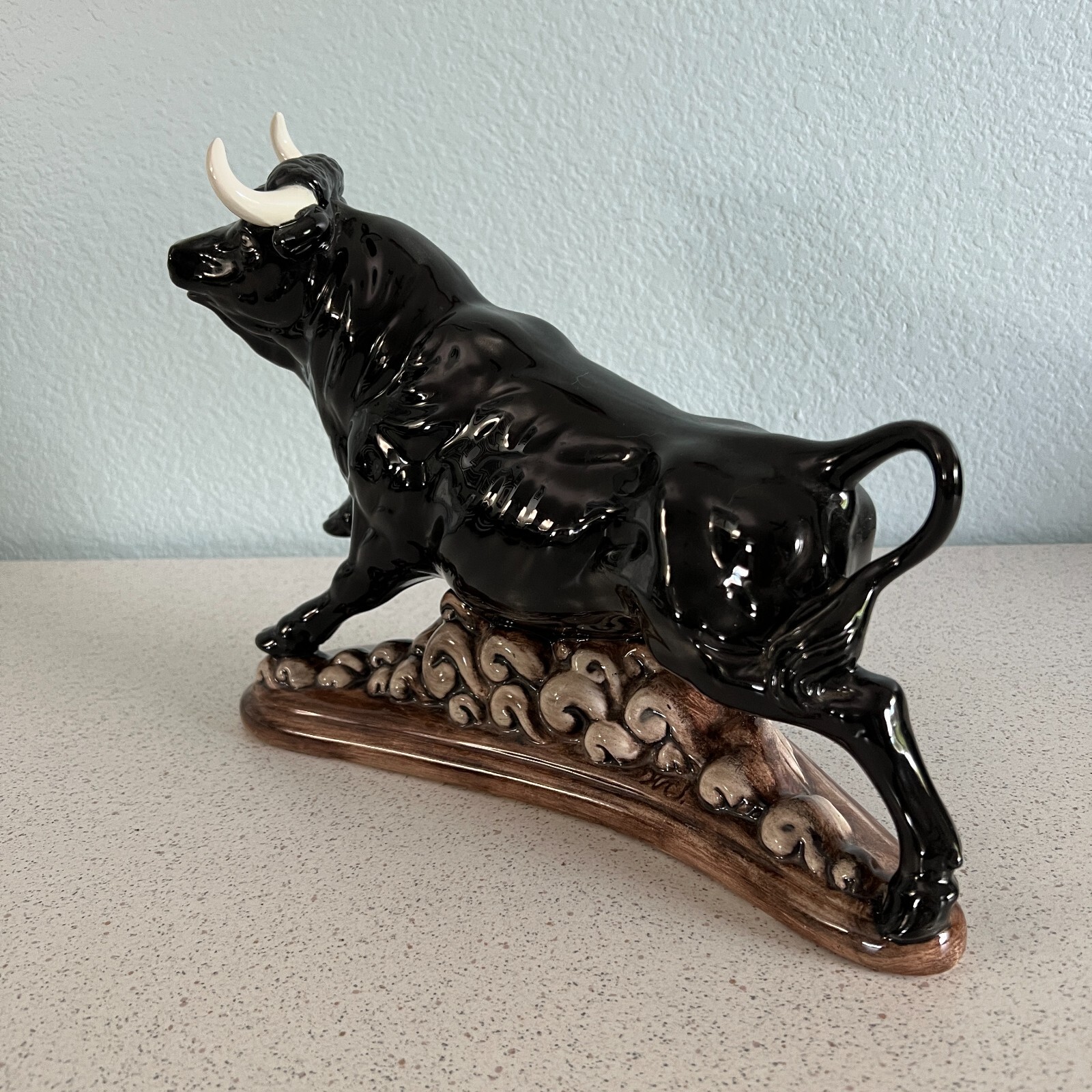 Vintage 9.5″ Black Bull Fighting Atlantic Mold Hand Painted Ceramic Figurine