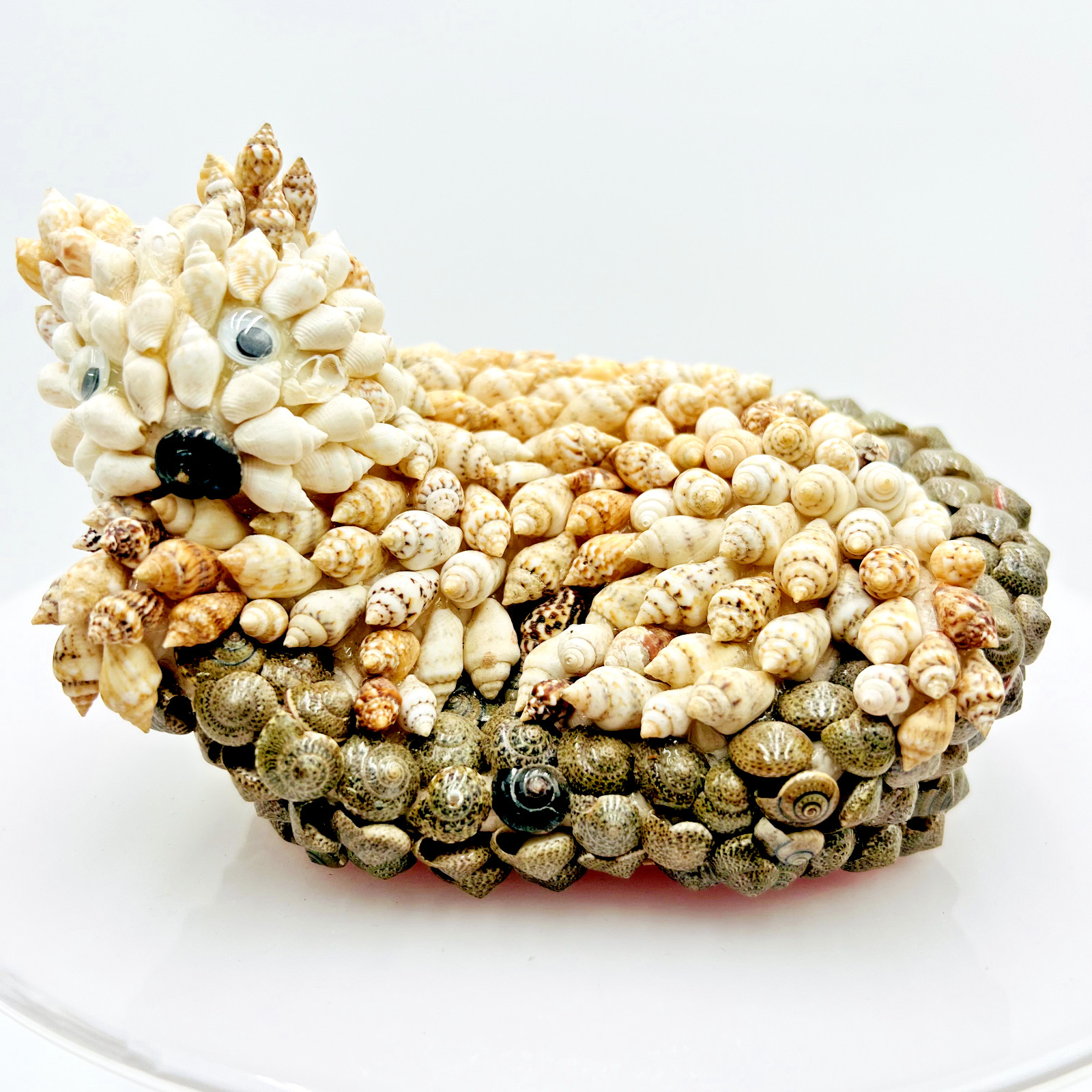 Sea Shell Folk Art Cat/Fox Figurine with Googly Eyes in a Basket