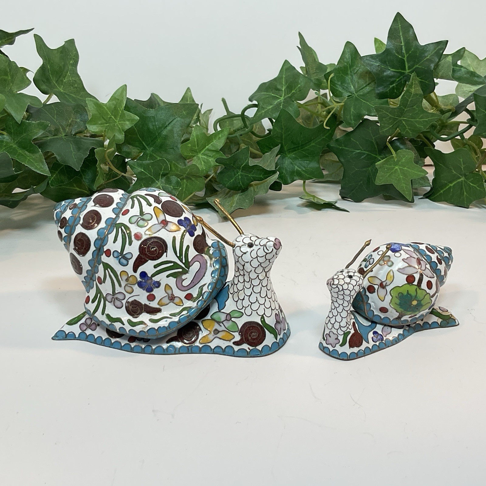 Cloisonne Snail Figurines Pair Hand Painted Enamel Made in Beijing China Vintage