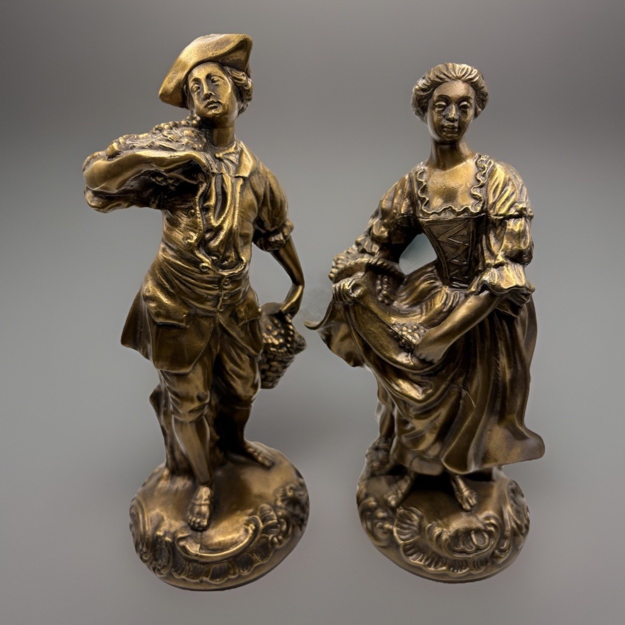 Solid Bronze Statues Set Man & Woman Harvesting Rococo Figures 9.75 Inches Tall