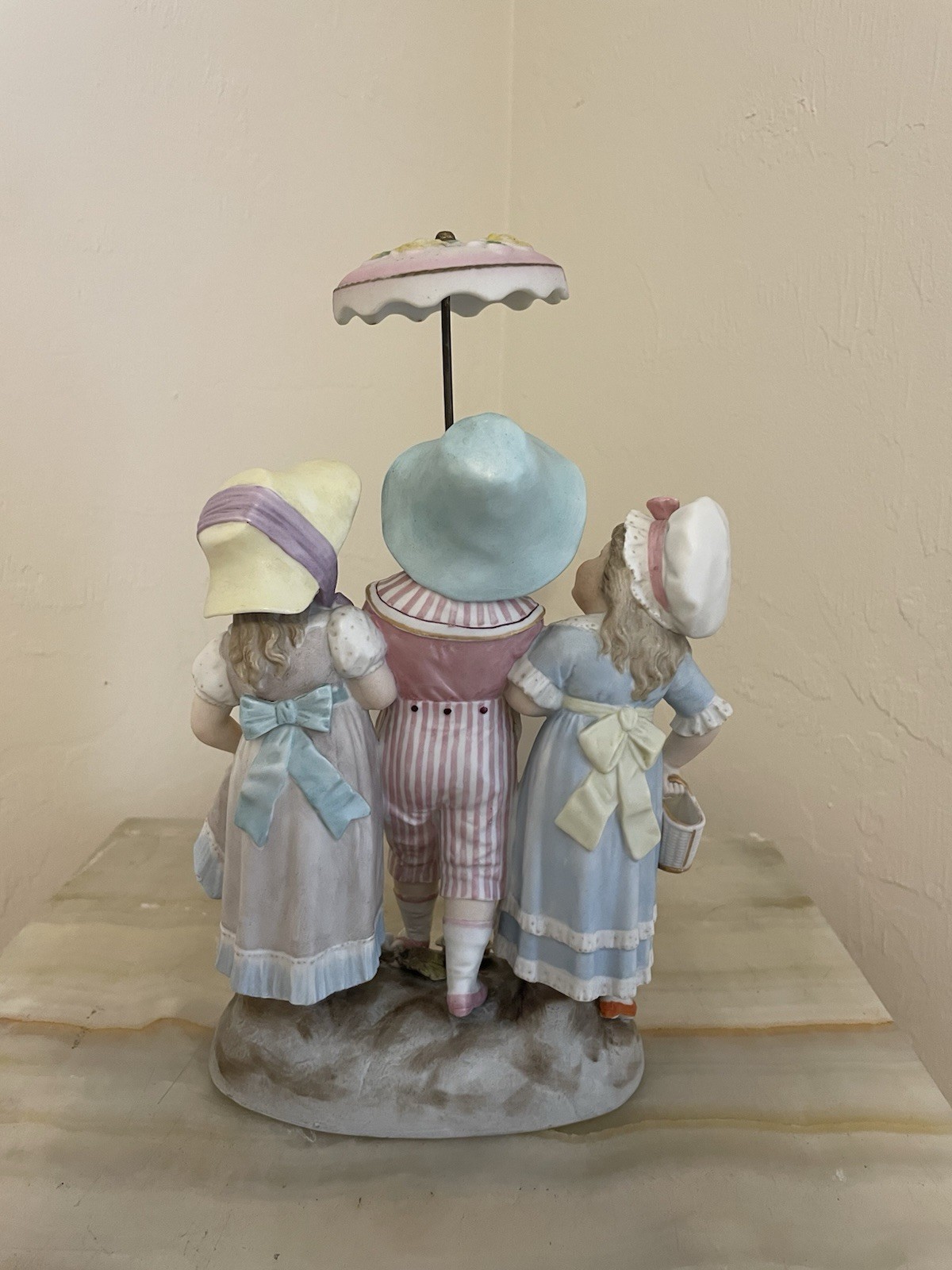 Antique German Bisque Figurine Three Children Under Parasol Heubach Style