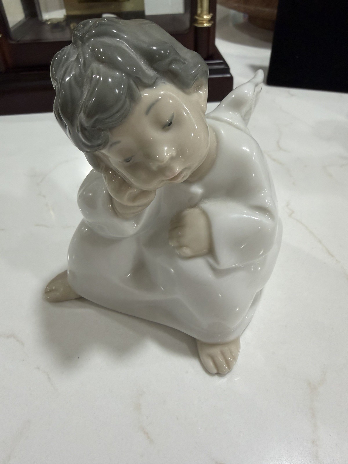 Lladro 4539 Angel Thinking Porcelain Figurine Kneeling Cherub Spain Signed