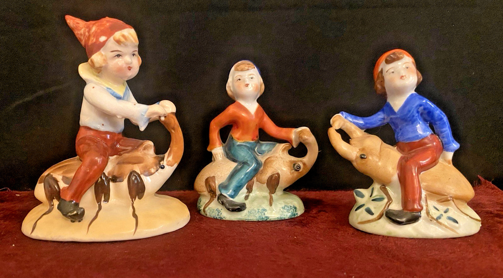 3 Vintage Pixie Elf Figurines Riding Beetle Insect Japan Hand Painted