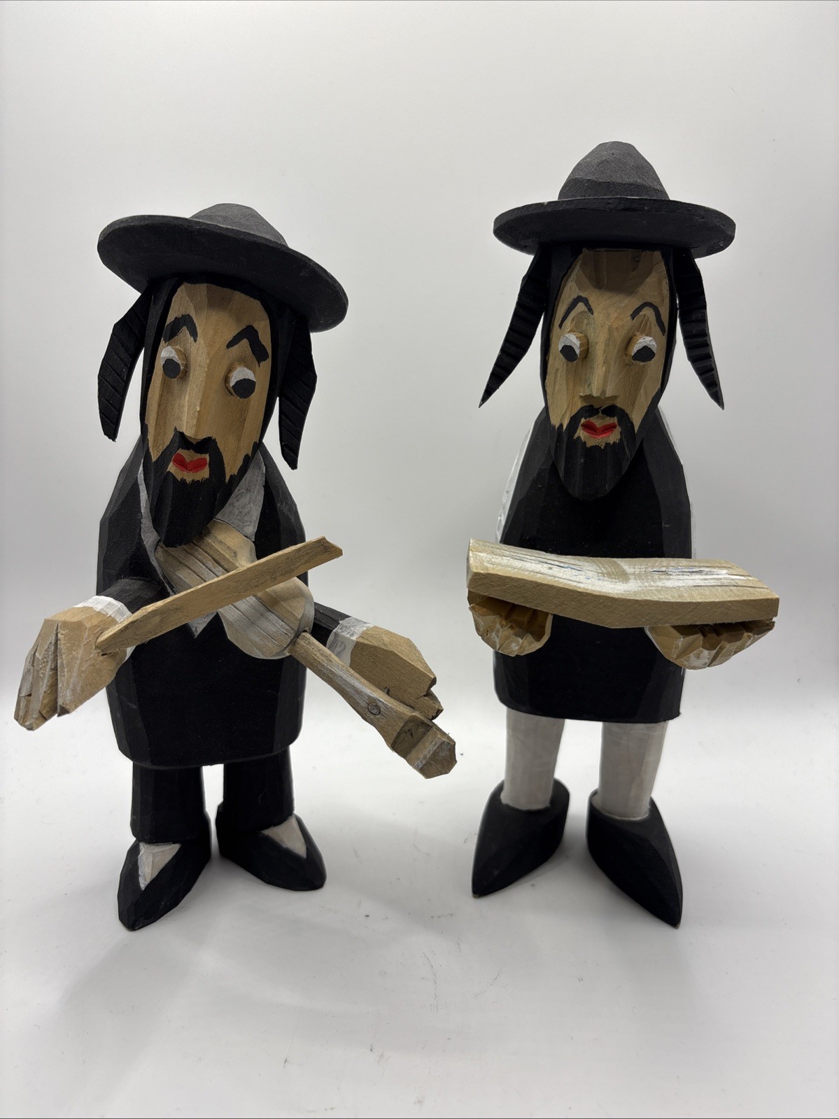 Vtg Set of 2 Hand-Carved Jewish Klezmer Musician 8” Wood Folk Art Figure Judaica