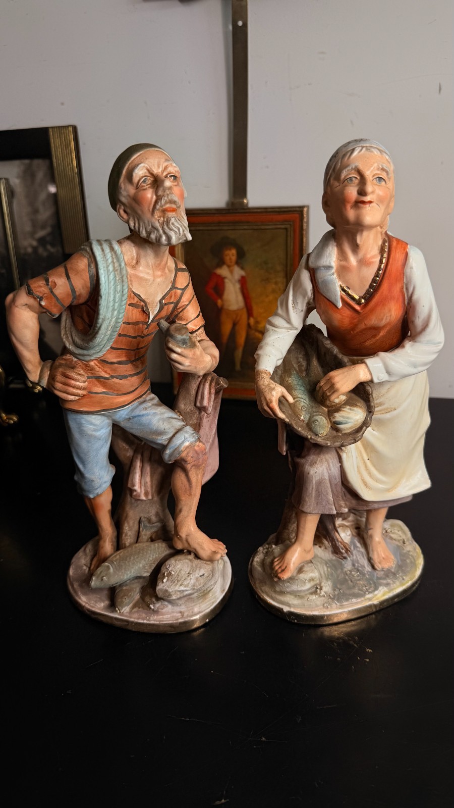 Vintage Norleans Japan Fisherman Fisherwoman Porcelain Figurines Pair 12″
