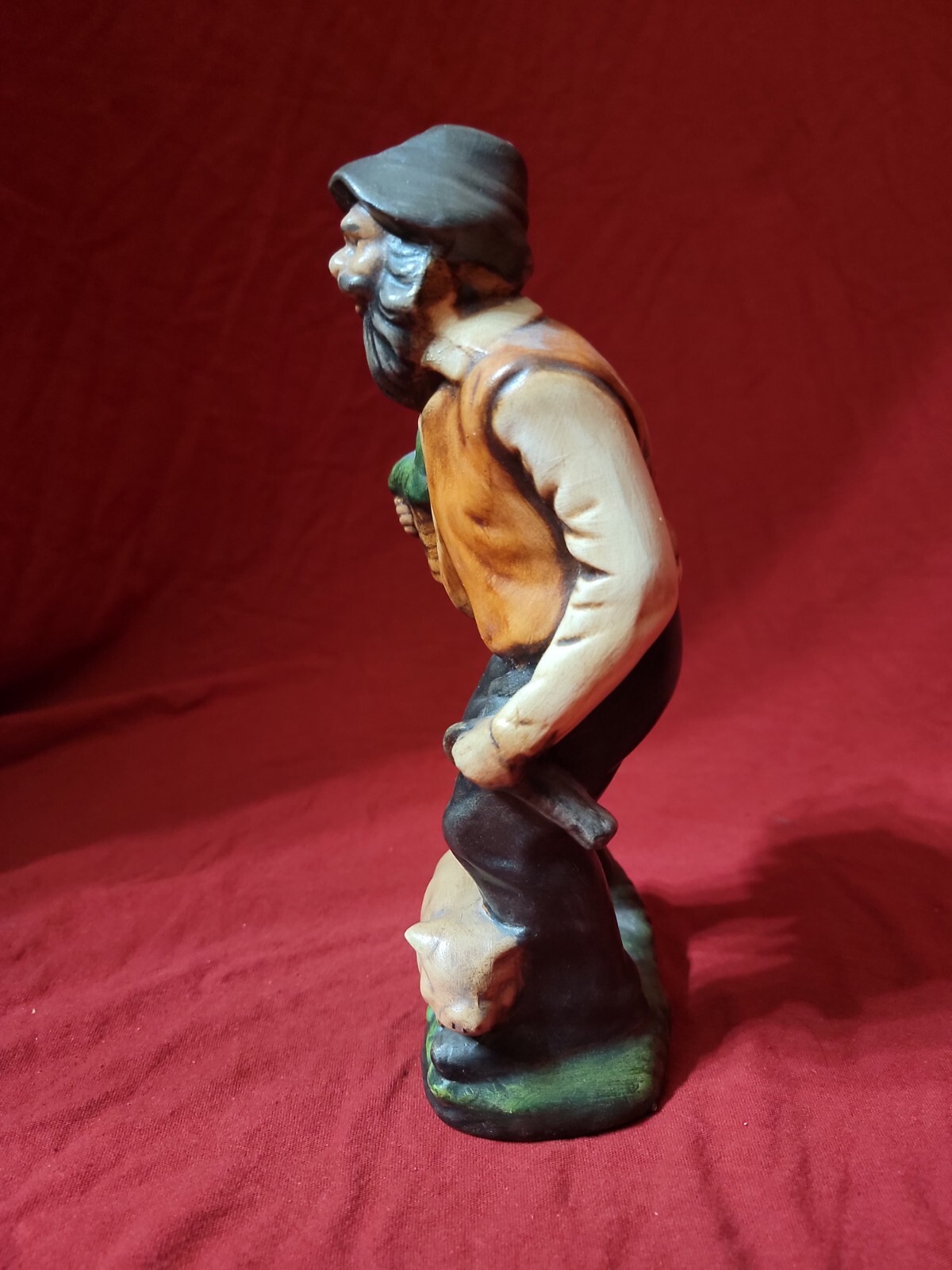 Nostalgic Vintage Bisque Ceramic Figurine Set, Old Man Farmer w/Pig and Old Lady