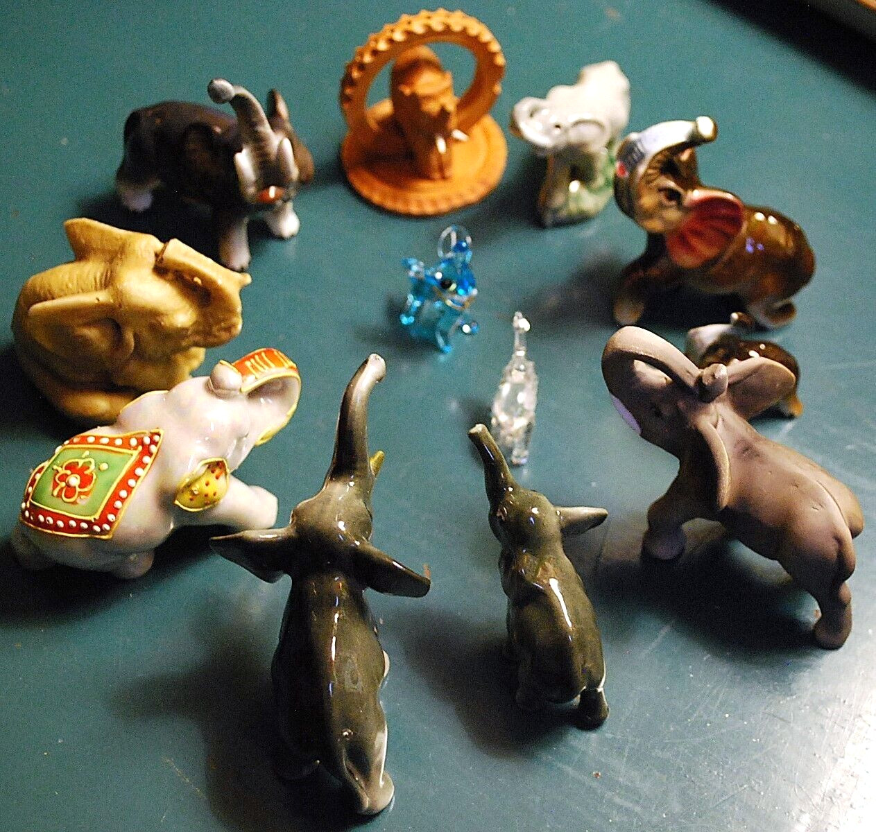 Vtg Lot 12 MINIATURE ELEPHANT FIGURINES Porcelain/China HAND PAINTED Trunks Up