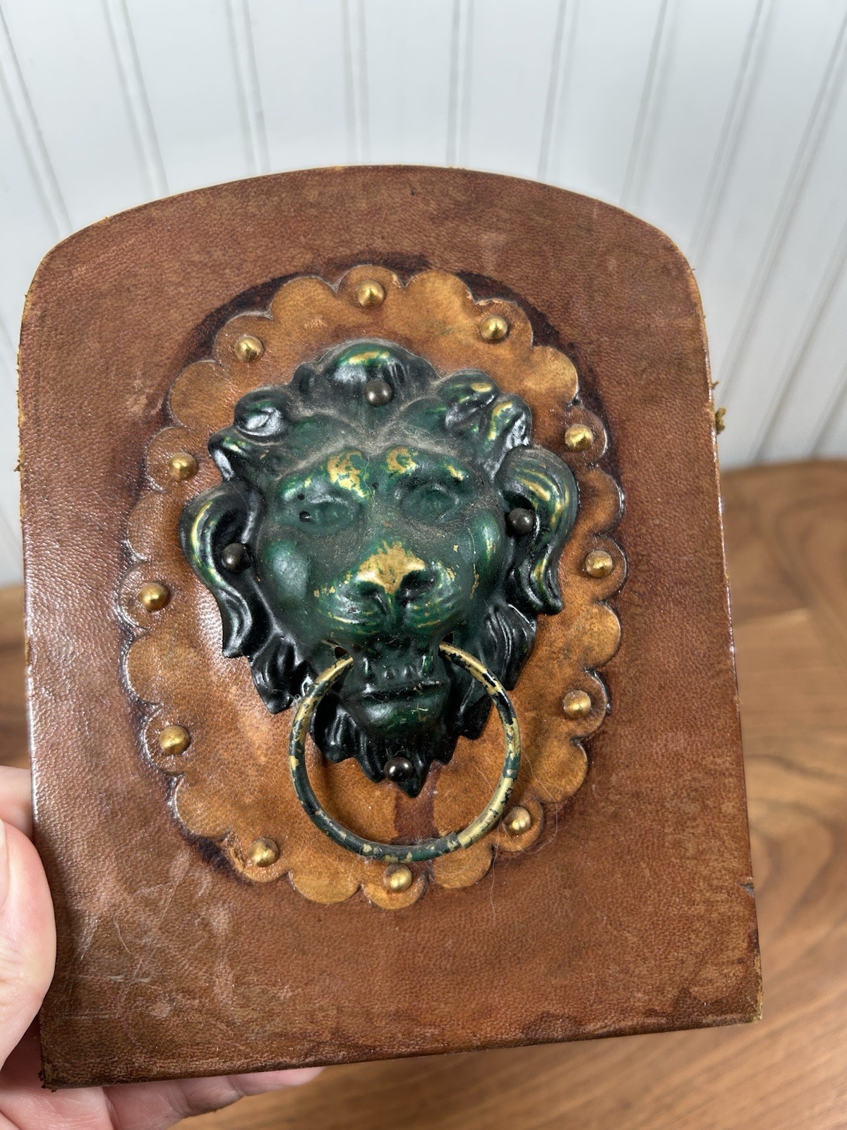 Vintage Italian Leather Wrapped Lion Head Bookends Brass Ring Pull Library Decor