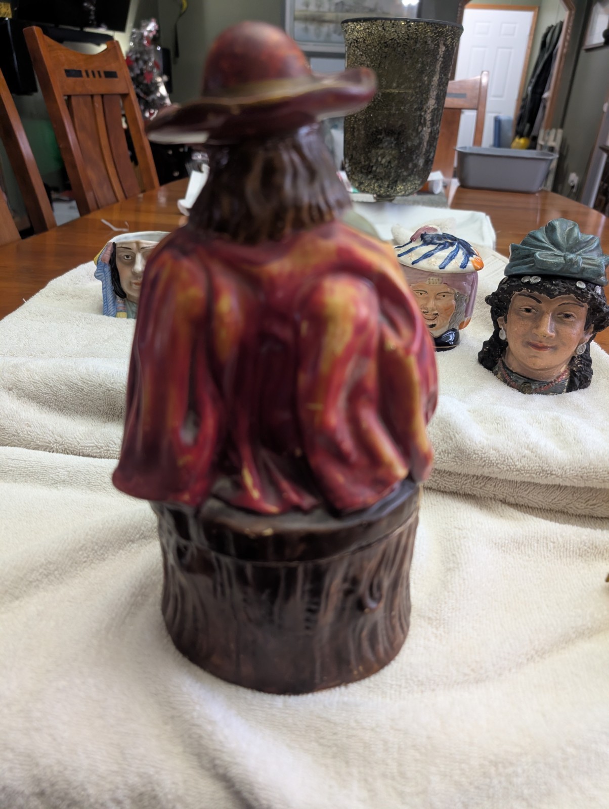 Hand Painted Tobacco jar, Large Multicolor Man Sitting on stump, 10.5 in Tall