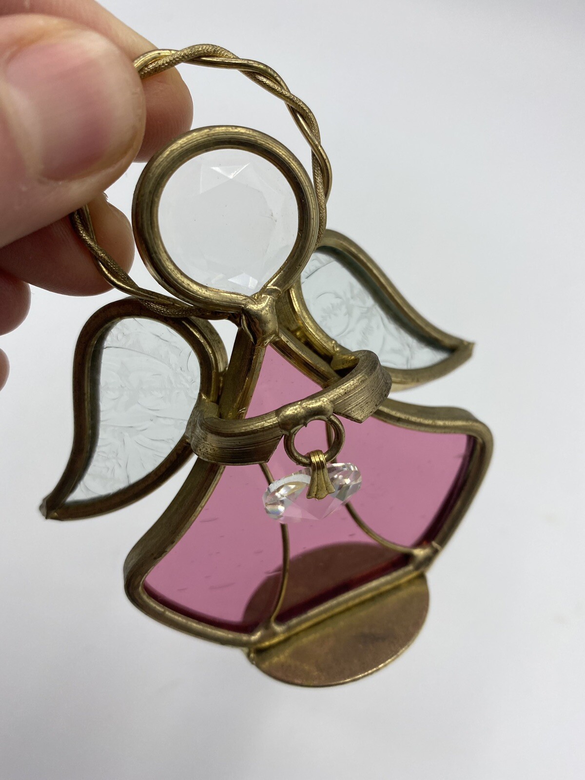Vtg Stained Pink Clear Glass Metal Angel Figurine Ornament w/Heart 3 1/8″ Tall