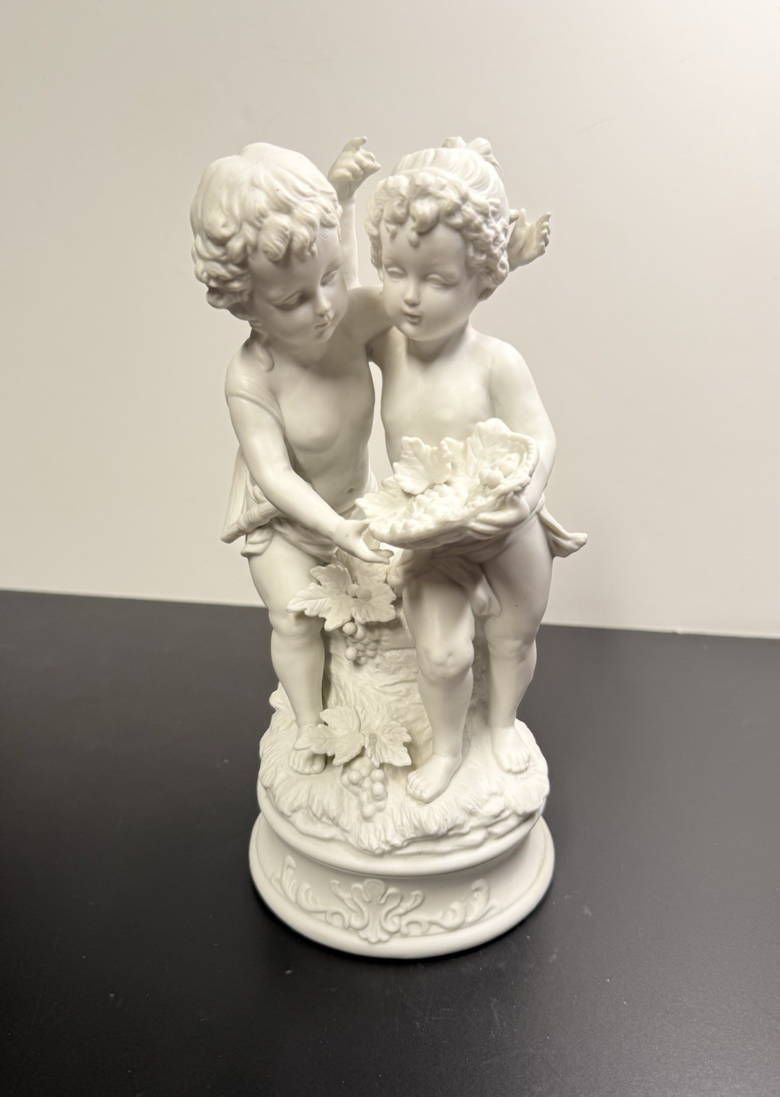 Andrea By Sadek White Bisque Porcelain Two Cherub Figurines Grape Harvest 11”