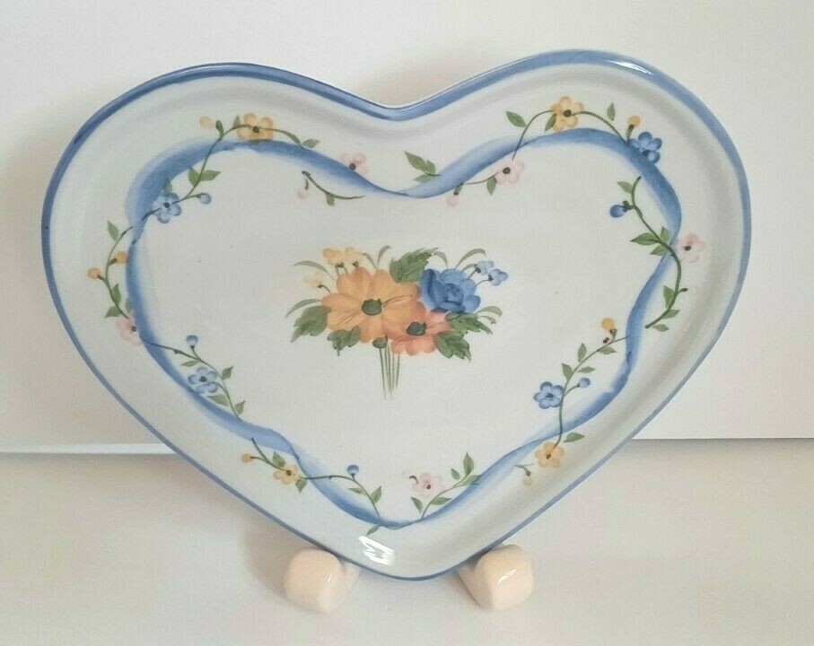 Andrea By Sadek Heart Shaped Plate Made in Thailand Yellow Blue Floral Pre-owned