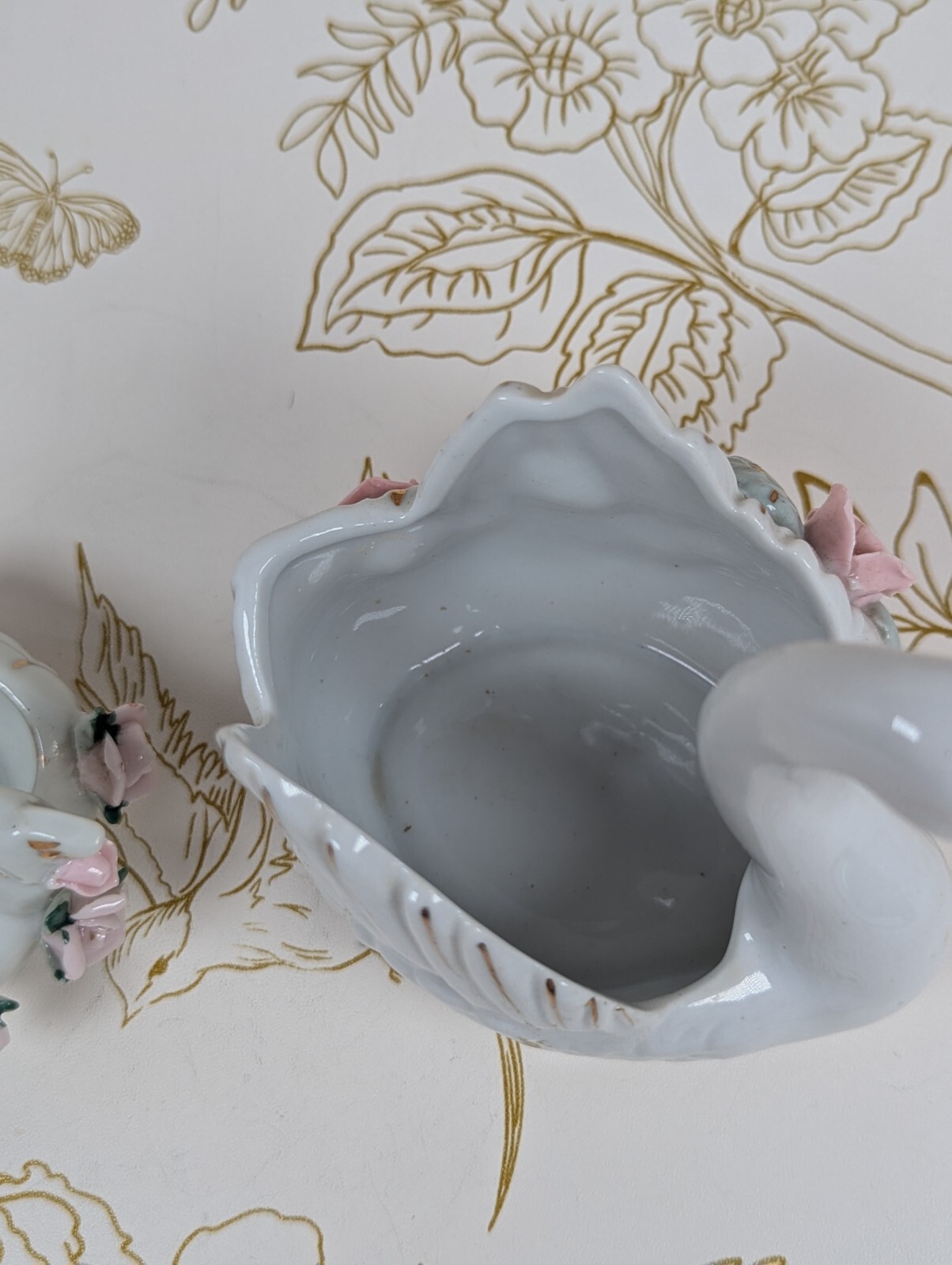 Swan Ashtray & Trinket Dish Japan Gold Accent Flowers Set Of 2 Porcelain Vintage