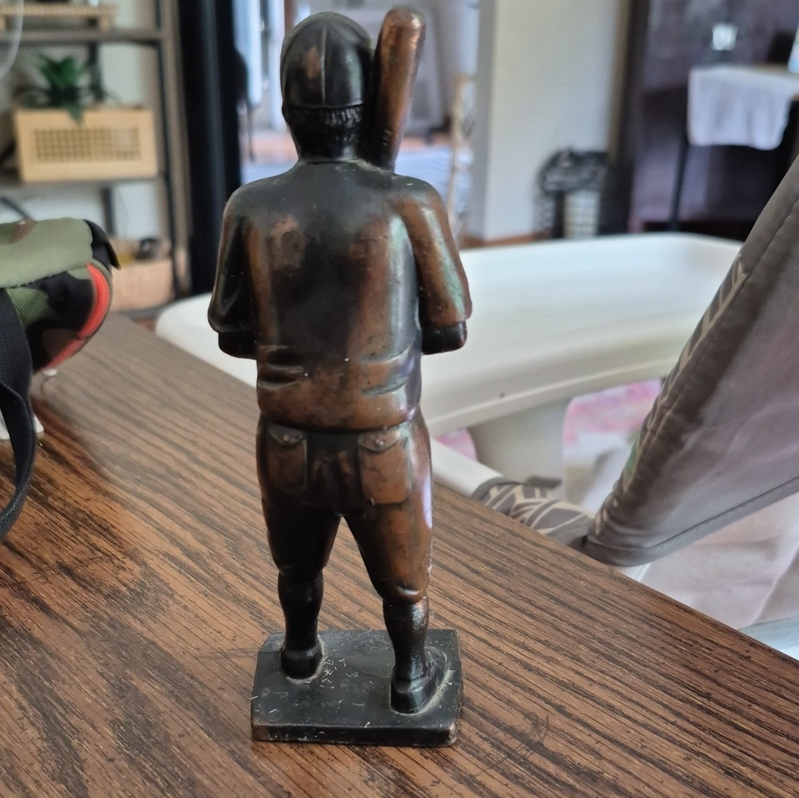 Metal Baseball Player Figurine Statue Holding Bat, Black/Bronze Sports Decor