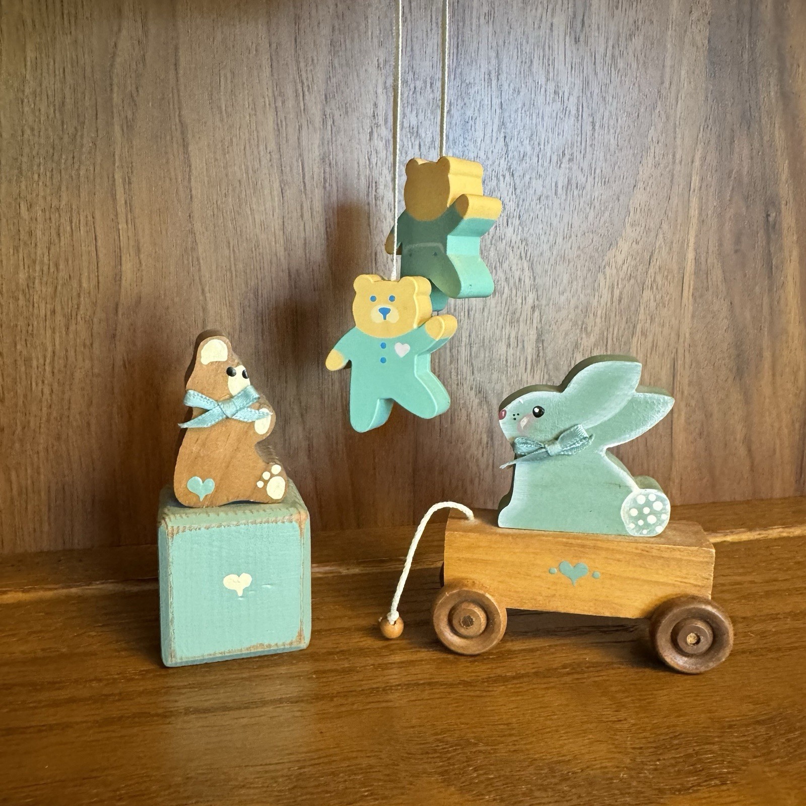Vintage Hand Painted Wooden Baby Blue Bear & Rabbit. Farmhouse Cottagecore Decor