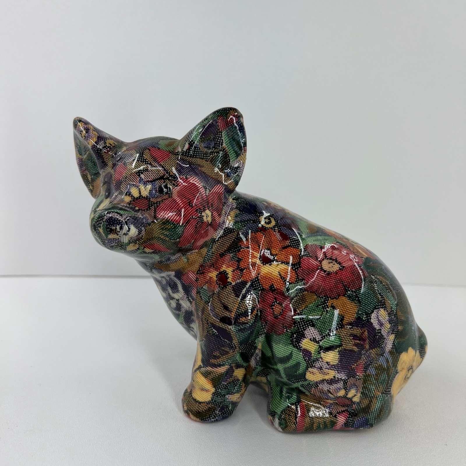 Joan Baker Porcelain Patchworks Floral Pig Figurine Vtg Decoupage 7″ Multicolor