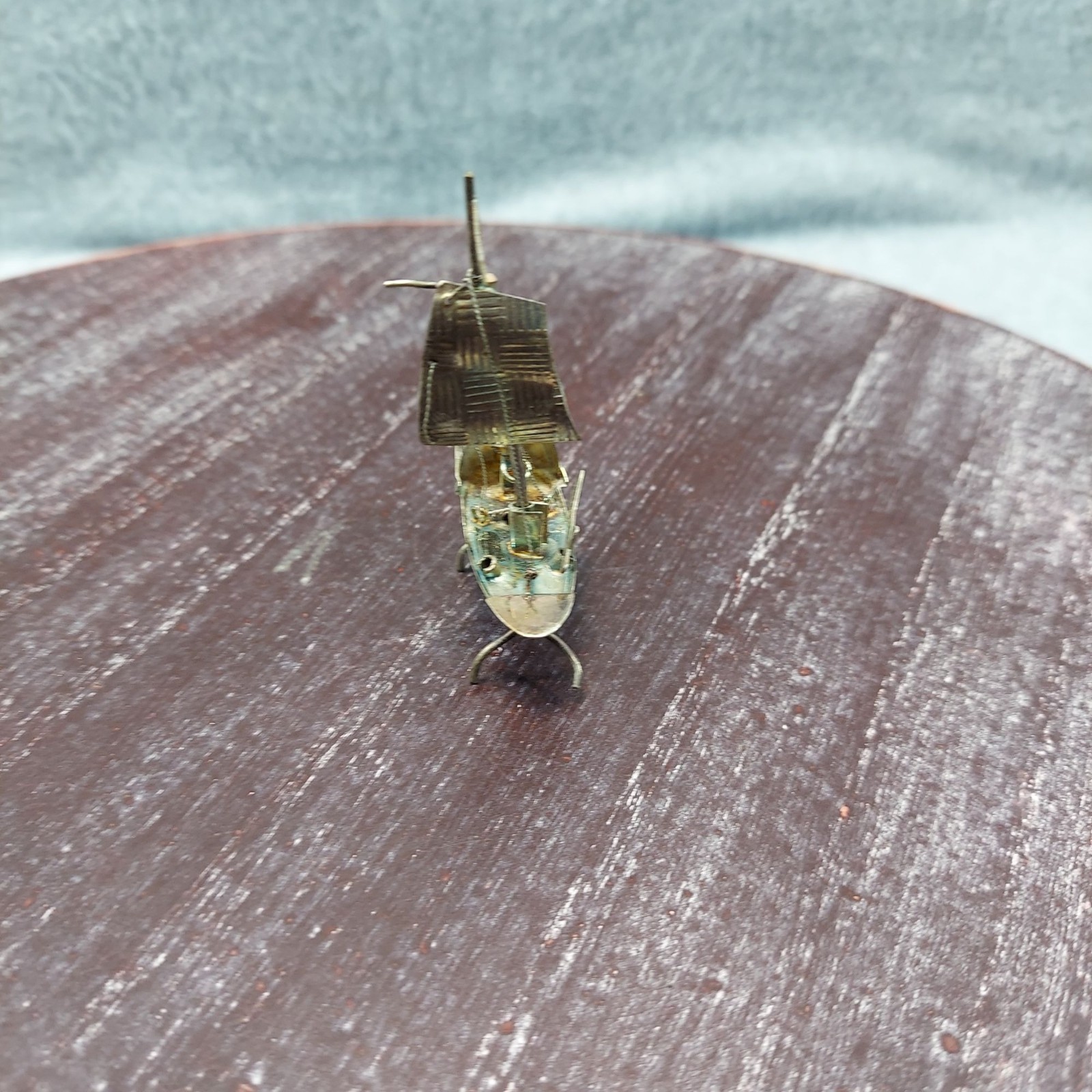 Chinese Silver Color Junk Boat Solid Metal Miniature Sailboat Sculpture Vintage