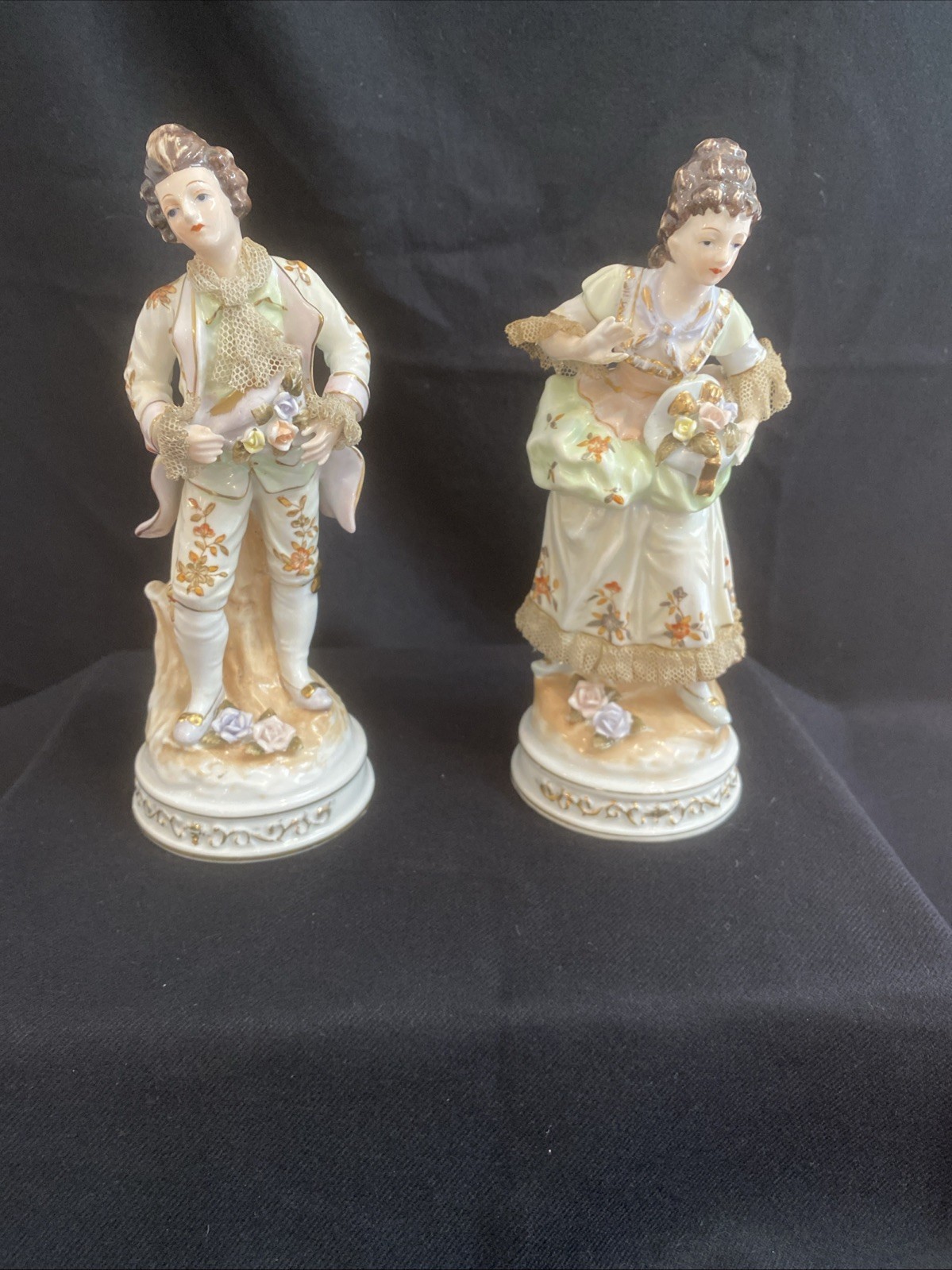 Victorian Bisque Porcelain Figurine Hand painted Vintage Fabric Cuff Vest 23/241