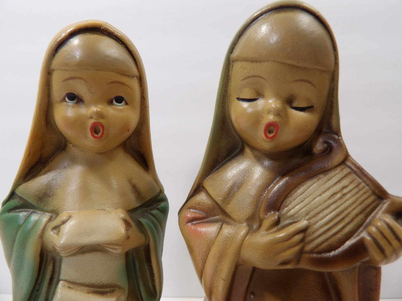 Old Pair Of Singing Sisters Nuns Figurines ~ 1 with Harp ~ Paper Mache Composite