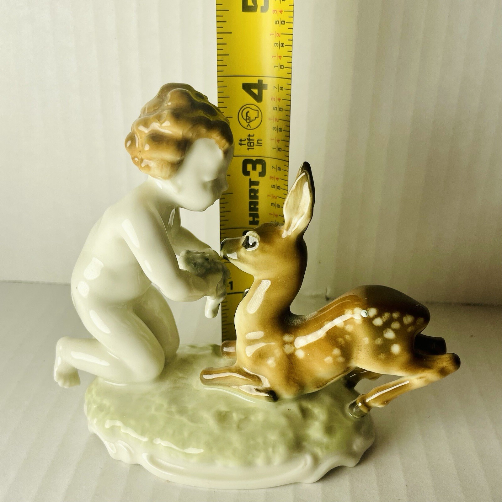 Hutschenreuther Kunstabteilung Cherub w/ Fawn Germany Porcelain Figurine Painted
