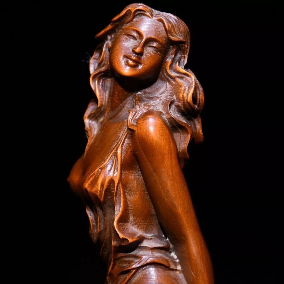 Chinese Boxwood Wood Carving Sexy Beautiful Woman Statue Wooden Sculpture Decor