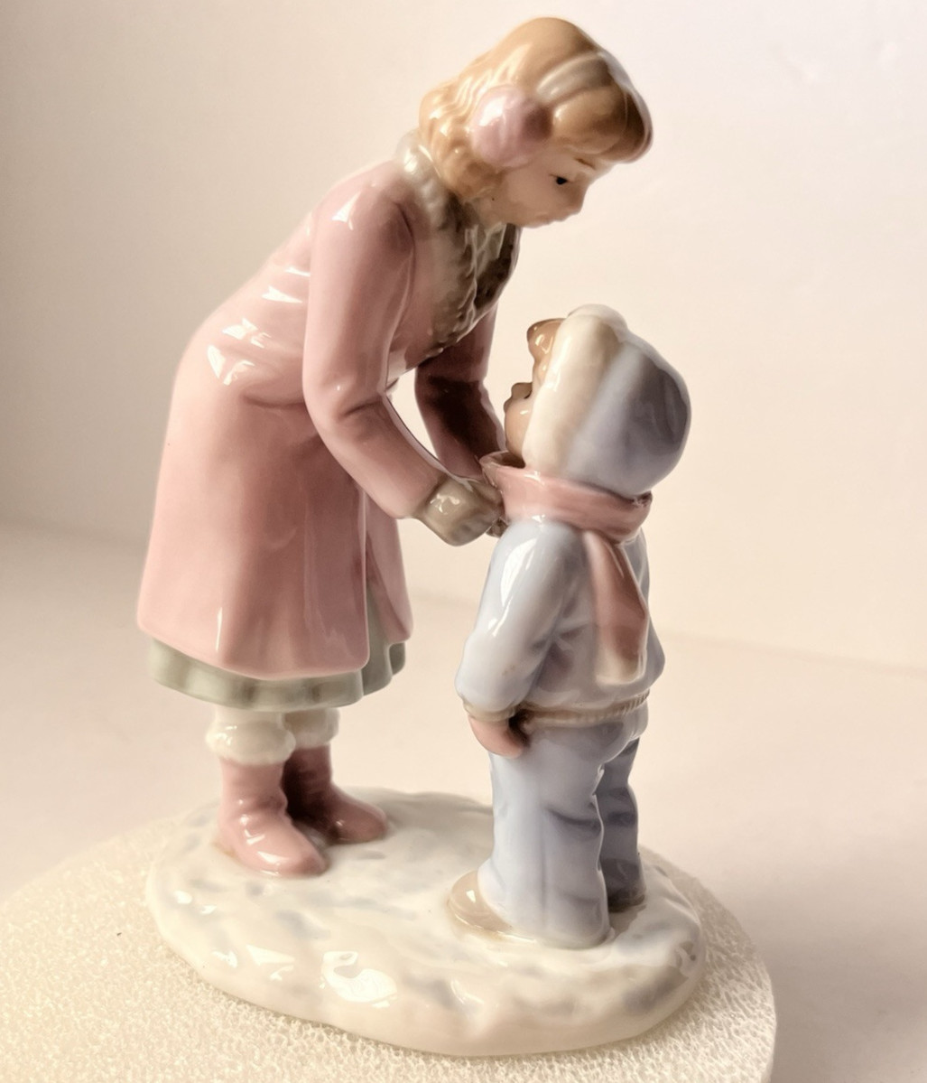 Russ Berrie Figurine Porcelain Pastel Mother & Son Snow Day Winter