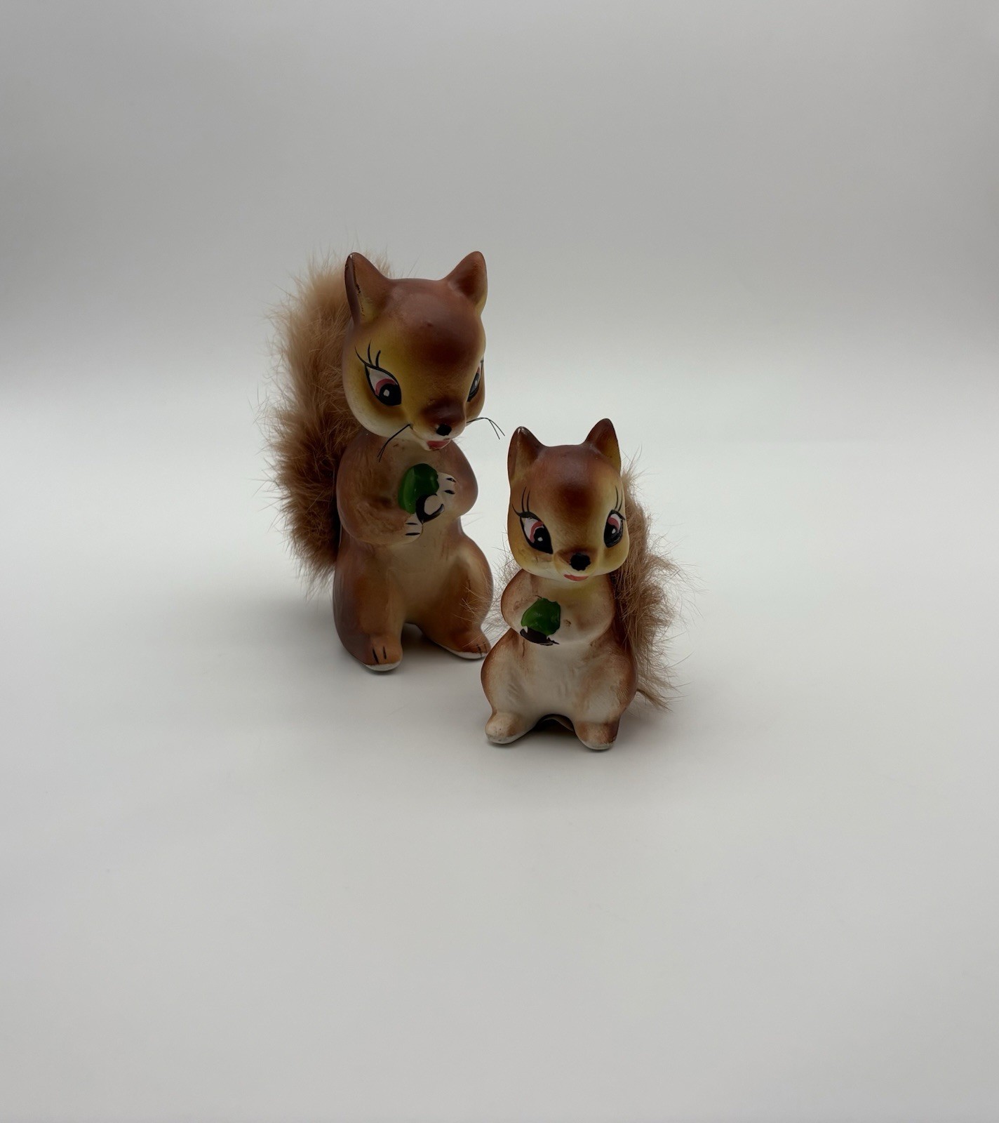 2 Vintage MCM Ceramic Squirrel Chipmunk Figurines Fur Tails 50s Baby Kitschy