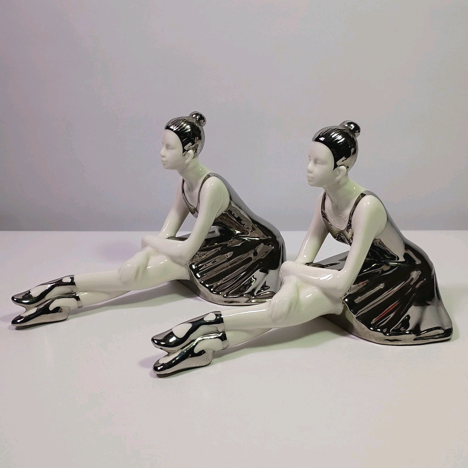 Vintage Ballerina Figuire Decorative Set Ceramic Silver Art Deco Style Pair