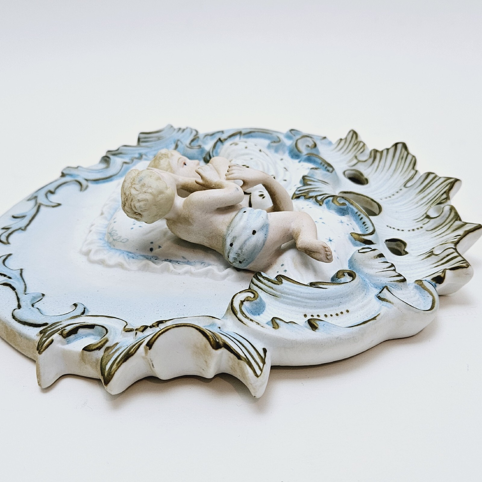 Vintage Mother & Baby Putti Boy Bisque Porcelain Victorian Wall Plaques (2)