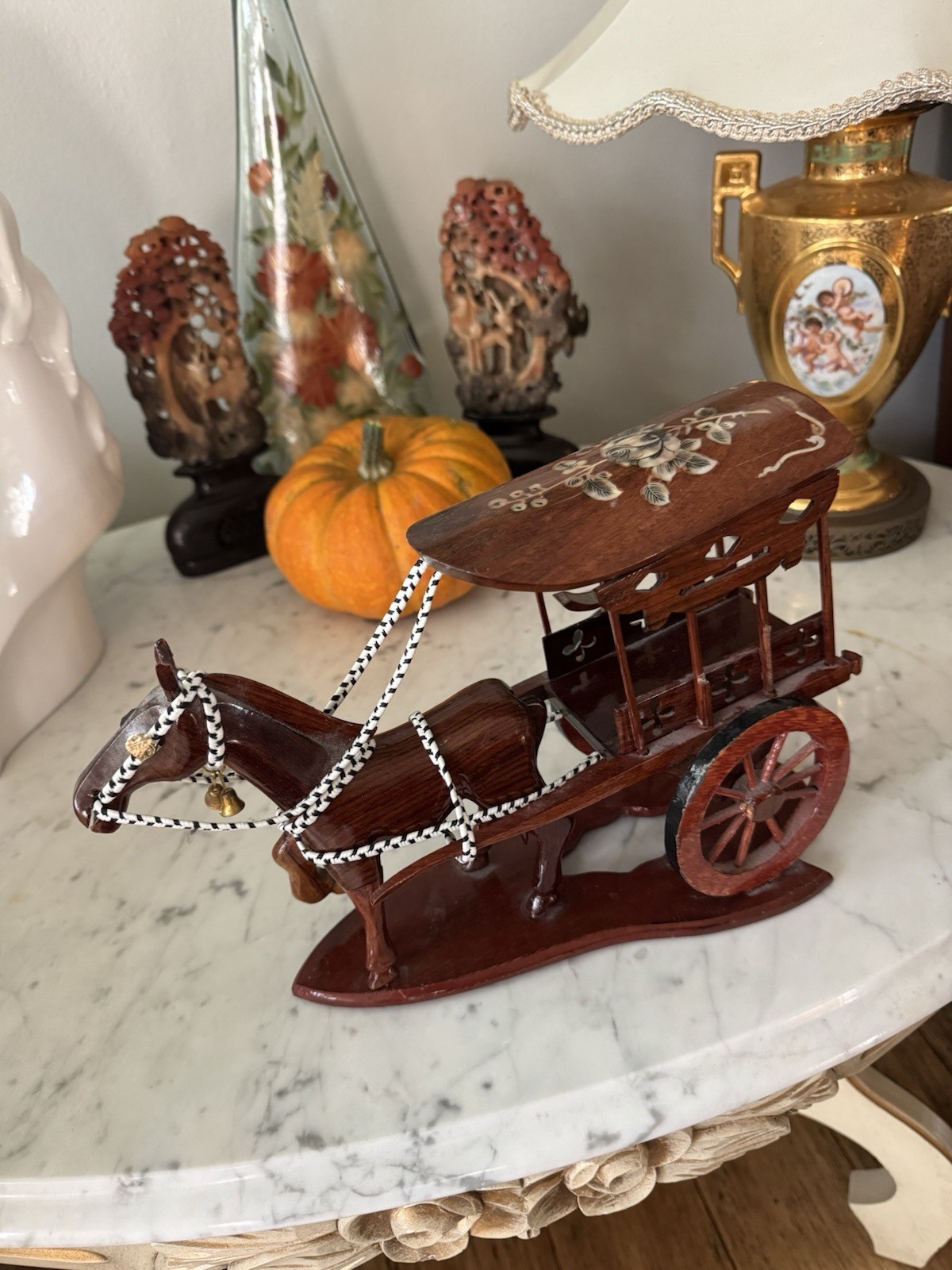 Wooden Horse Cart Vintage / Antique Handicraft Home Abalone Inlays. Floral Wood