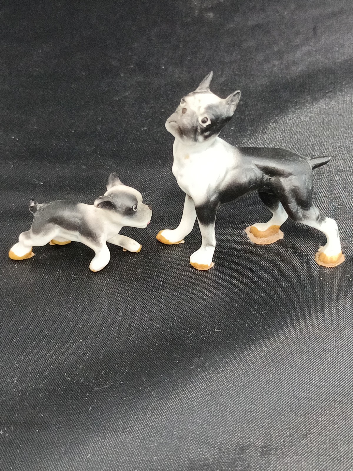Vintage Miniature Boston Terrier Dog And Pup Very Tiny Figurines