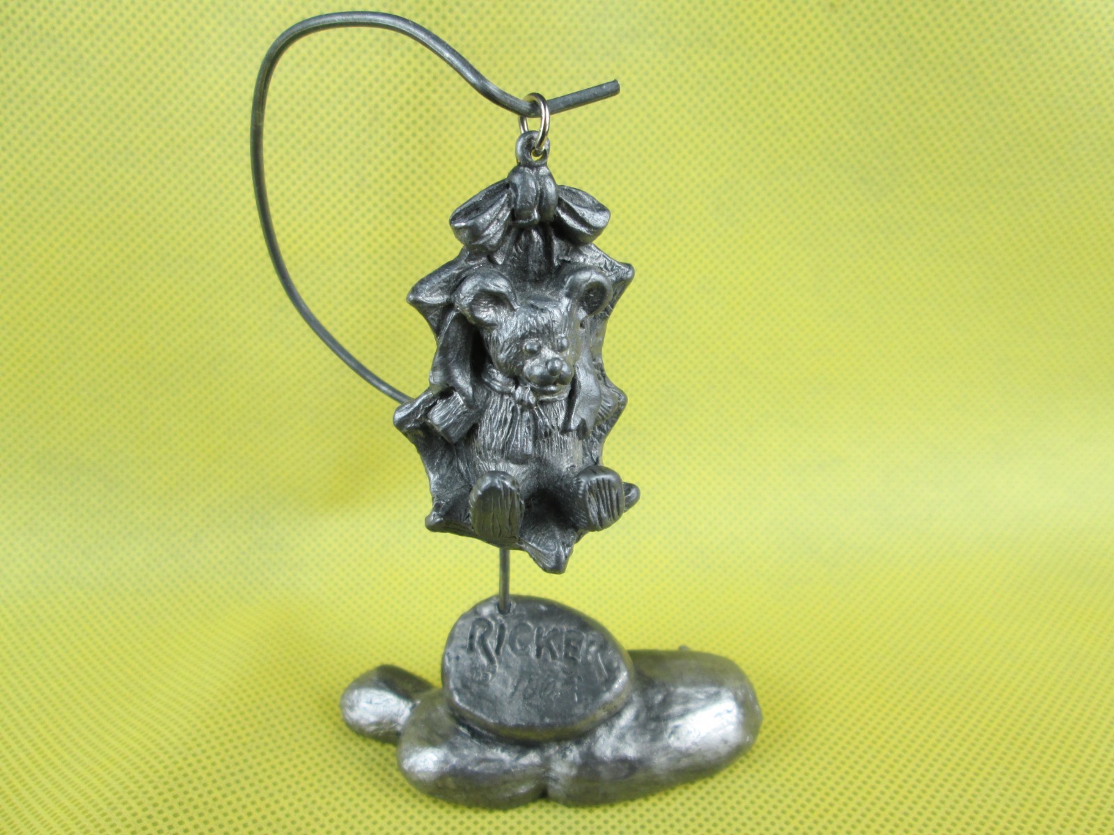 Michael Ricker Pewter Christmas Teddy Bear Holly Ornament Mini Figurine w Stand