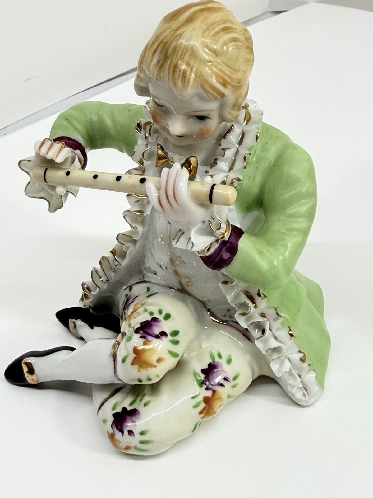 Vintage Made in Japan Porcelain Boy Playing Flute Figurine Green Coat 5” Gold T