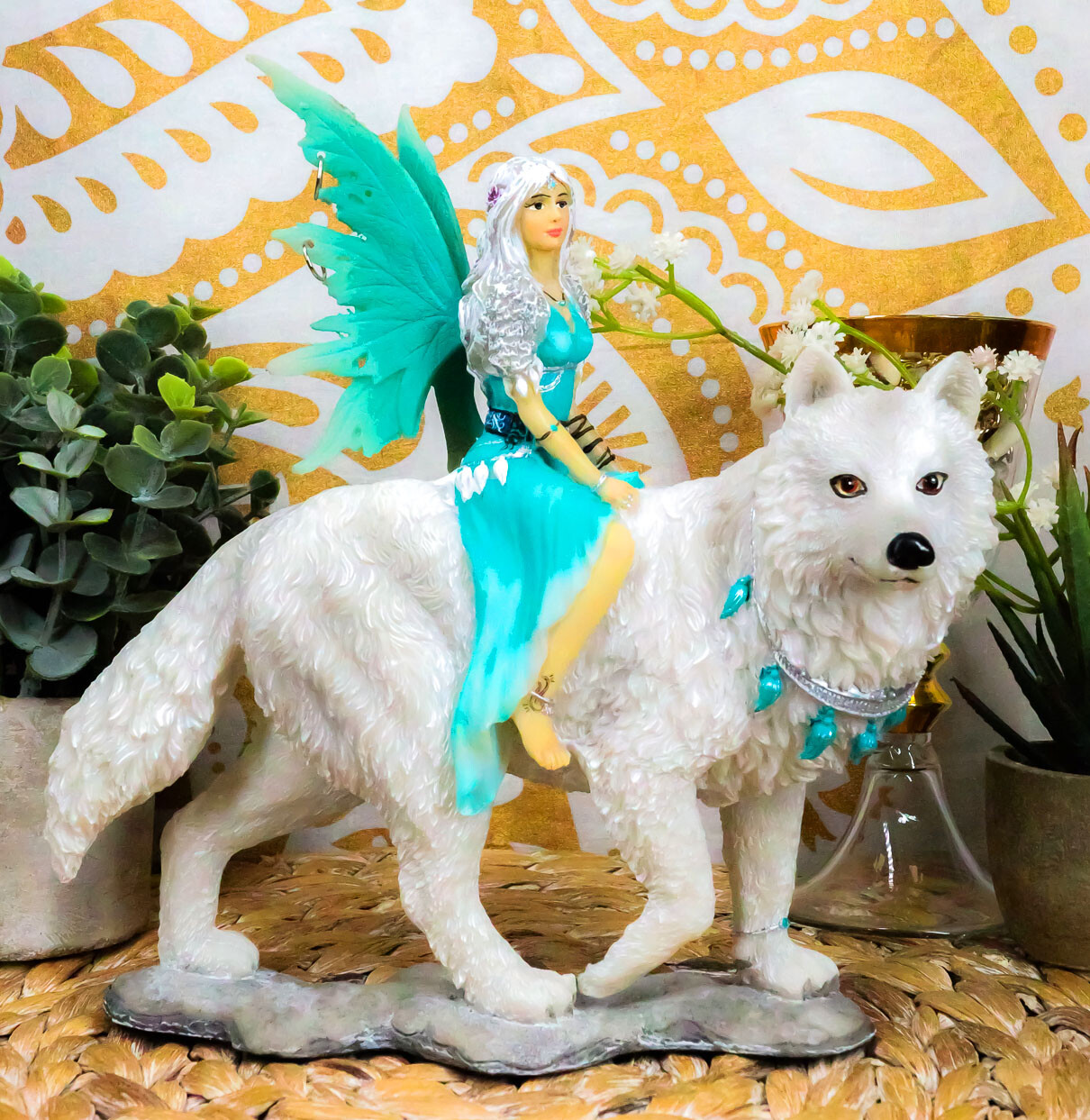 Ebros Gift Elektra Blue Ice Fairy Riding Giant Snow Wolf King Rumba Figurine 8″H