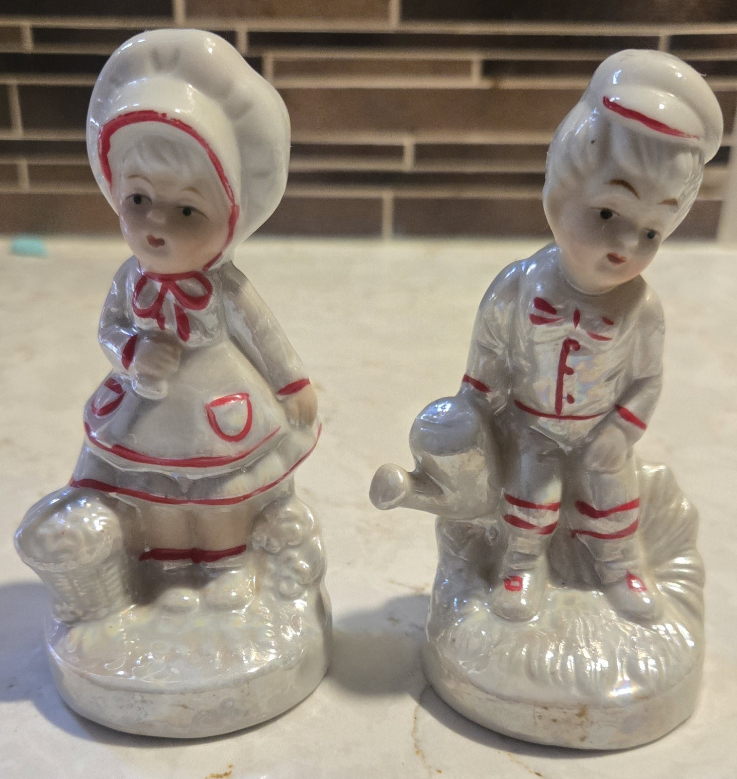 White & Red Hand Painted Ceramic Boy & Girl Figurines Set of 2